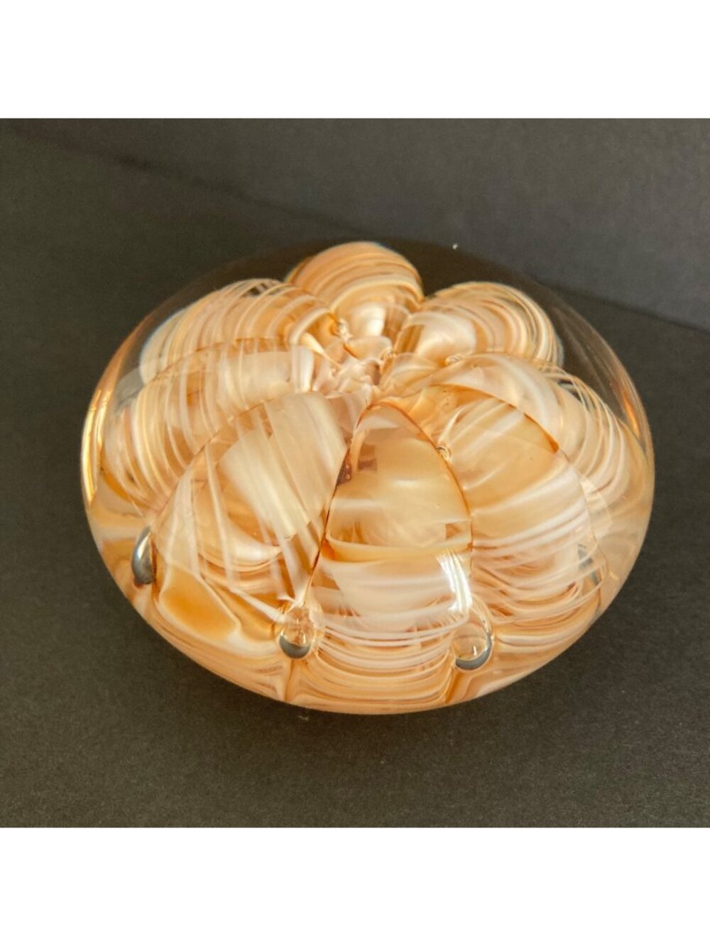 Joe Rice Art Glass Paperweight With Swirled Floral Gold Ribbon Design
